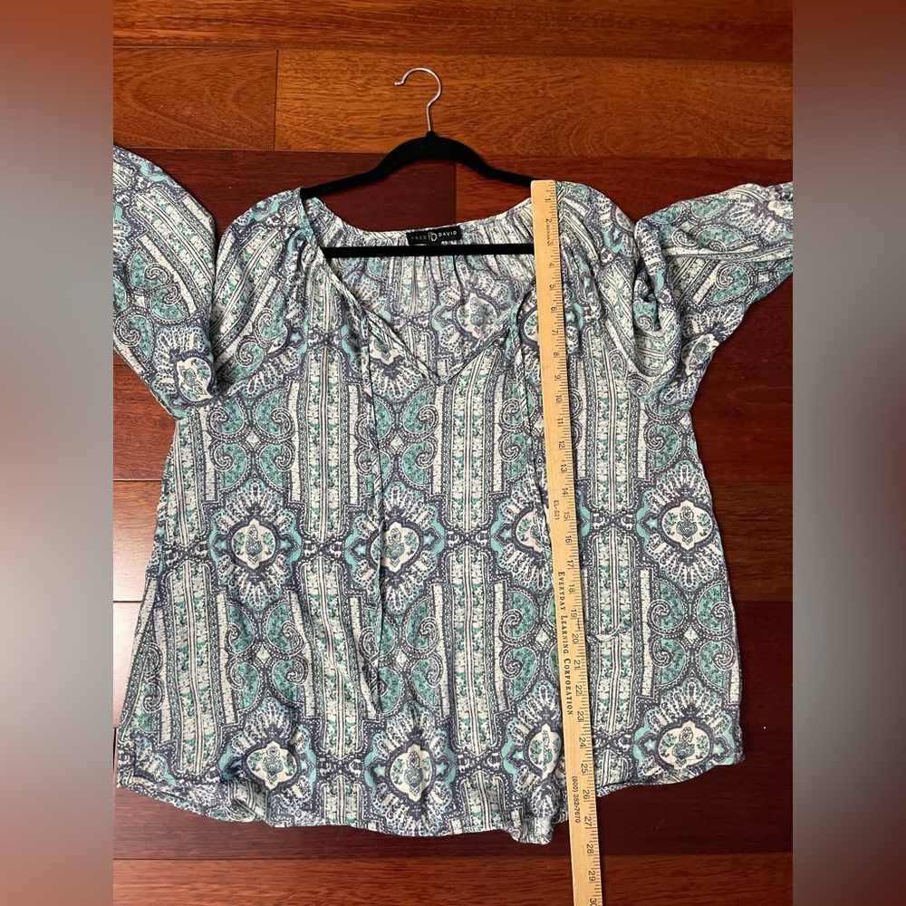 Fred David Boho Peasant Blouse Top Tunic Blue Flowy Beachy Coastal 90s Sz L B18 - Picture 9 of 10